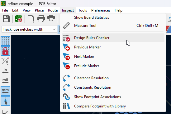 The KiCAD menu, highlighting the DRC option underneath the "tools" submenu, under the title bar.